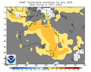 Temperature anomalies across Australia during July 2005