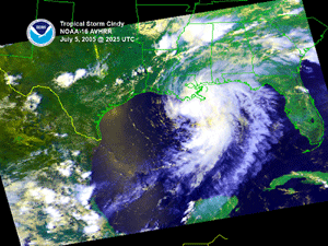 Satellite image of Tropical Storm cindy near the time of landfall on July 5, 2005