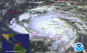Satellite image of Hurricane Emily near Grenada on July 14, 2005 Satellite image of Hurricane Emily near Grenada on July 14, 2005