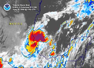 Satellite image of Tropical Storm Bret near the time of landfall on June 29, 2005