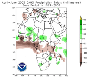Rainfall anomalies during April-June 2005 across Africa