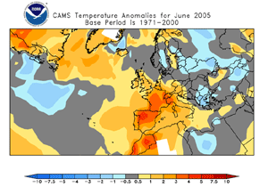 Europe temperature anomalies during June 2005