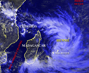 Satellite image of Tropical Cyclone Hennie near Mauritius on March 23, 2005 