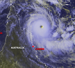 Satellite image of Tropical Cyclone Ingrid just east of the coast of Queensland on March 8, 2005