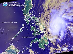 Satellite image of Tropical Cyclone Roke just east of the Philippines on March 16, 2005