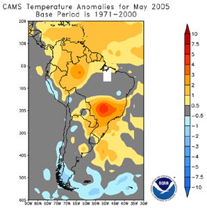 CAMS Temperature Anomalies across South America During May 2005