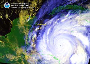 Satellite image of Hurricane Wilma near max intensity on October 19, 2005 Satellite image of Hurricane Wilma near max intensity on October 19, 2005