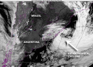 Satellite image of a storm system affecting southern Brazil on September 2, 2005