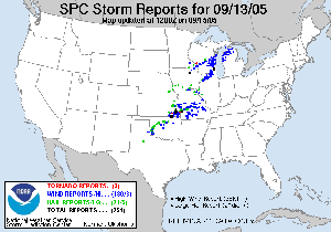 Severe weather reports on September 13, 2005 in the United States