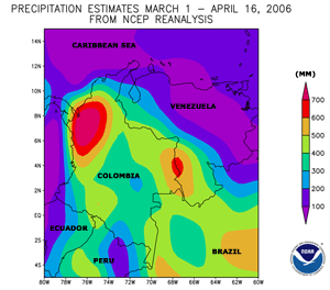 Rainfall estimates across Colombia during March 1-April 16, 2006