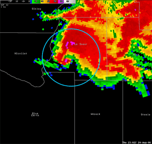 Radar image of a severe tornadic thunderstorm in Le Sueur County, Minnesota on August 24, 2006 Radar image of a severe tornadic thunderstorm in Le Sueur County, Minnesota on August 24, 2006