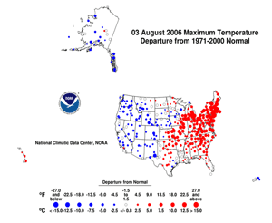Map depicting high temperature anomalies across the United States on August 3, 2006 Map depicting high temperature anomalies across the United States on August 3, 2006