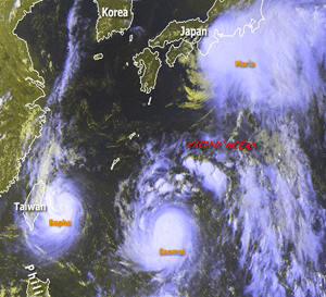 Satellite image depicting Saomai, Maria and Bopha on August 8, 2006 Satellite image depicting Saomai, Maria and Bopha on August 8, 2006
