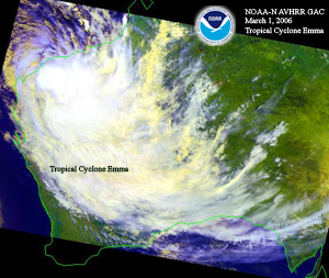 Satellite image of Tropical Cyclone Emma over Western Australia on March 1, 2006