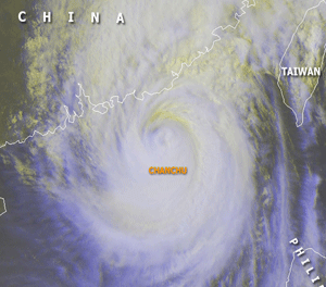 Satellite image of Typhoon Chanchu approaching the southeast China coast on May 17, 2006
