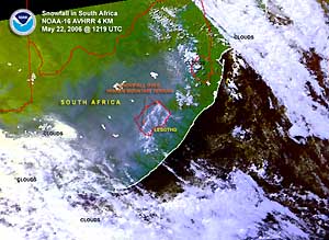 Satellite image depicting snow cover in the higher mountains of South Africa on May 22, 2006