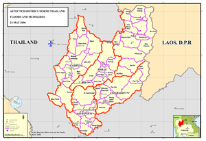 Map of Thailand depicting areas affected by flooding in late-May 2006