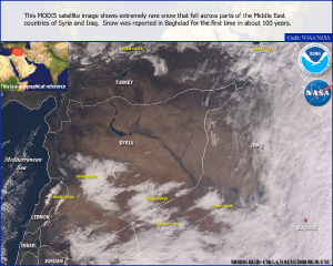 Satellite image of Snow in the Middle East on January 11, 2008