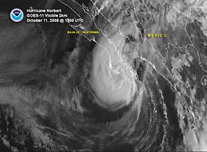 Visible satellite image of Hurricane Norbert on 11 October 2008