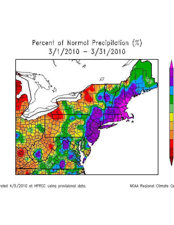 Percentage of March Normal Monthly Precipitation in Northeast U.S.