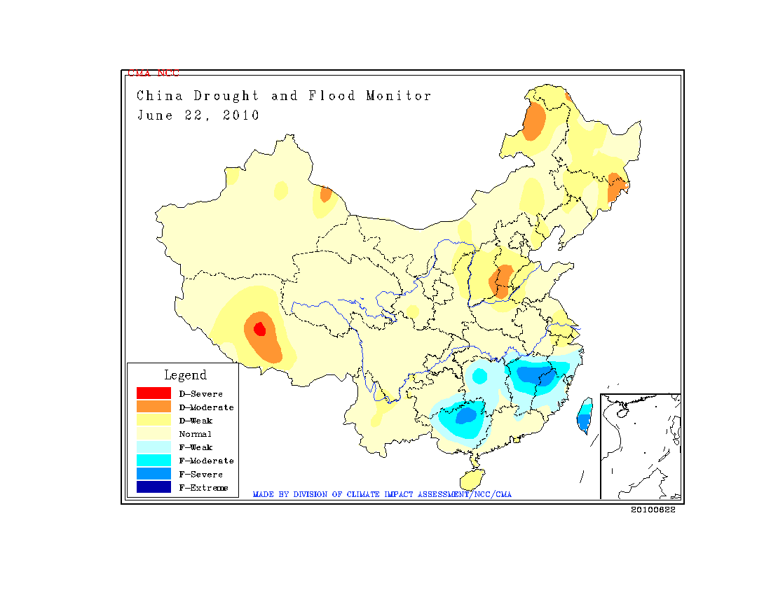 Map of regions with heavy rainfall in China on 22 June 2010