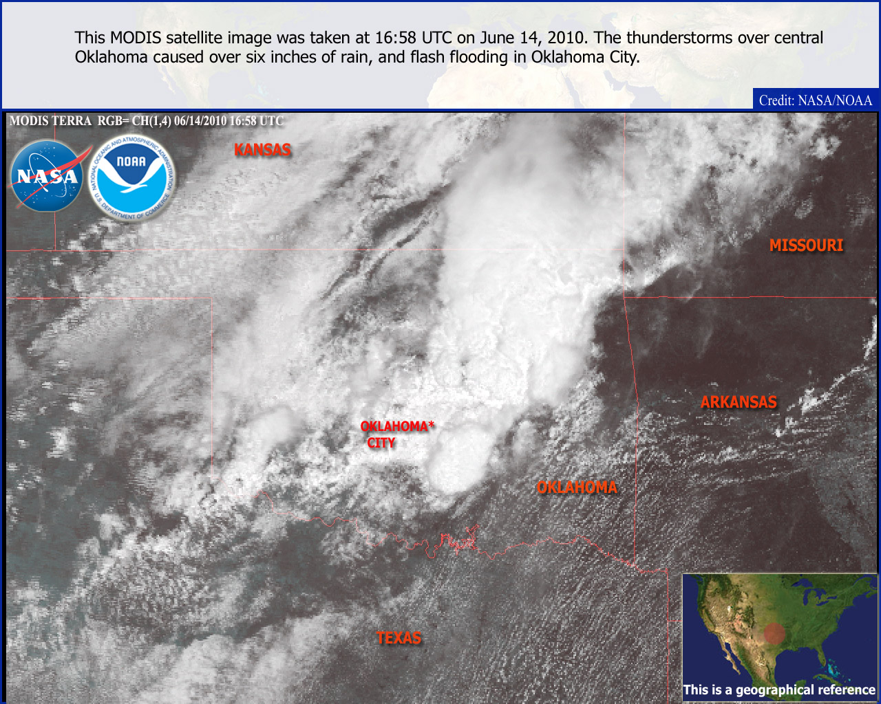 Satellite imagery of thunderstorms over central Oklahoma on 14 June 2010