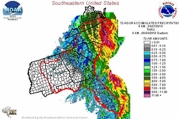 72-hour rainfall totals in the Southeat U.S. on 27–30 September