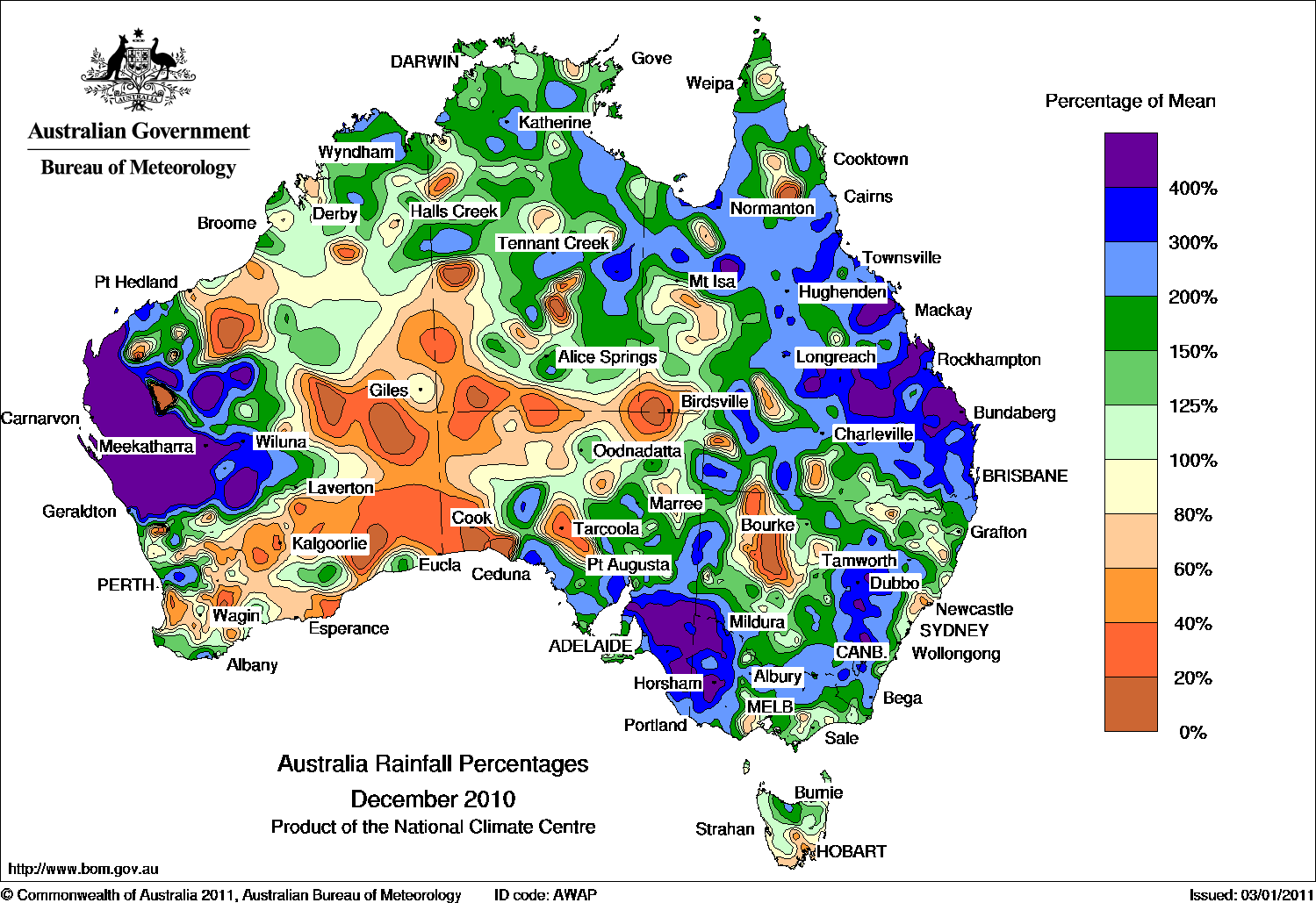 Australia rainfall percentages for December 2010