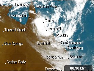 Tropical Cyclone Tasha making landfall near Cairns, Australia on 25 December 2010
