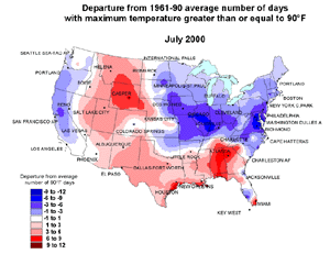 U.S. July Temperature Departures 90+