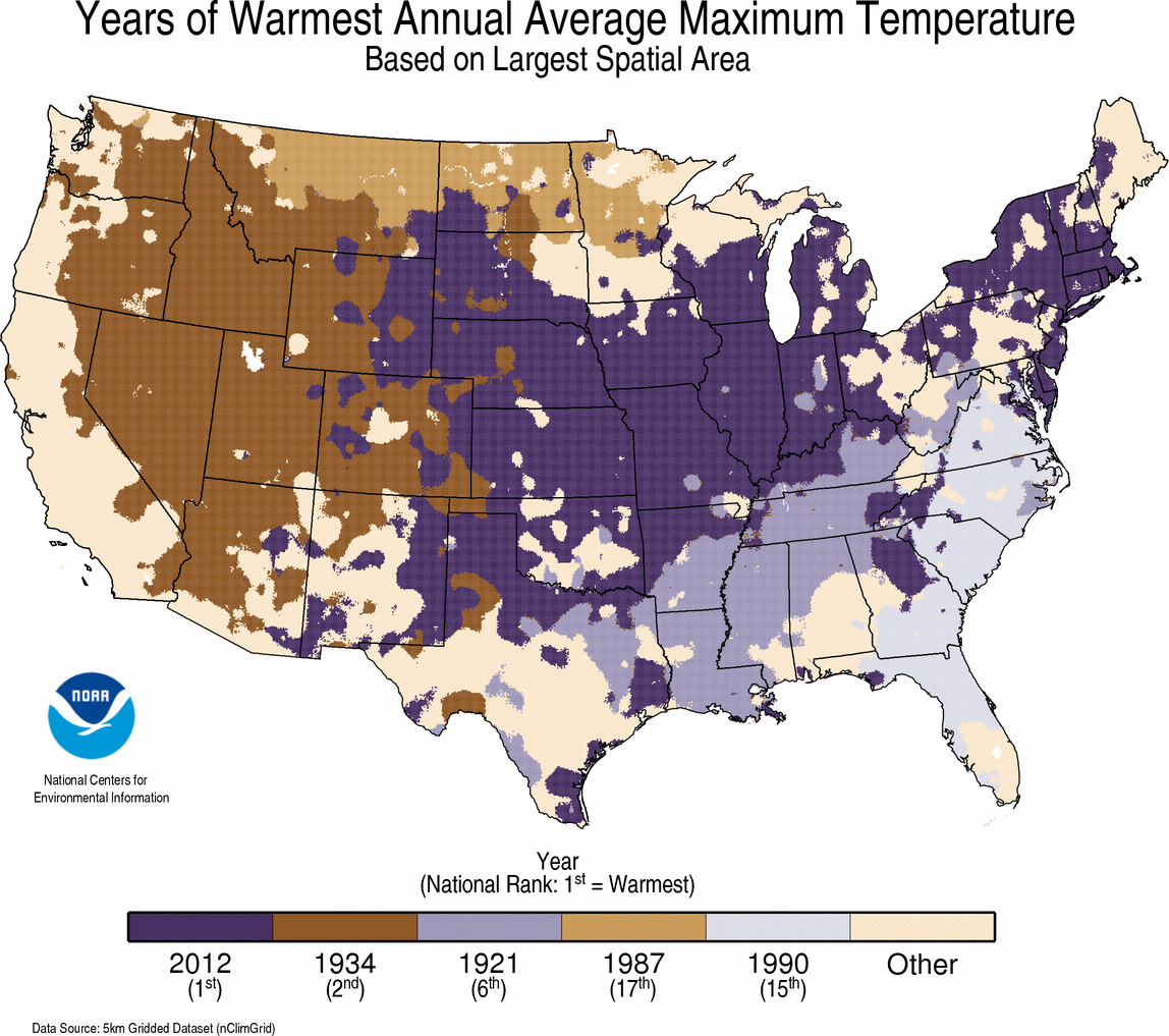 map depicting local warmest TMAX year on record