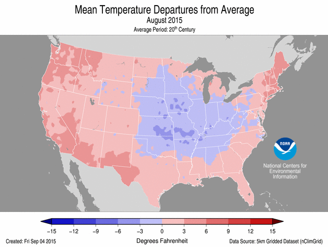 August 2015 Temperature Departure from Average Map