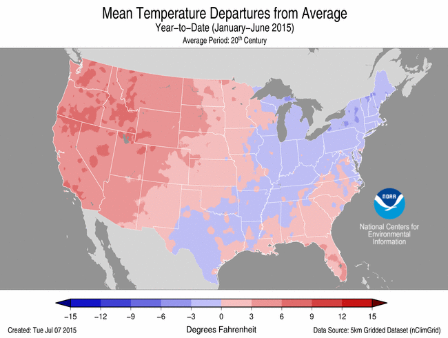 January-June 2015 Temperature Departure from Average Map