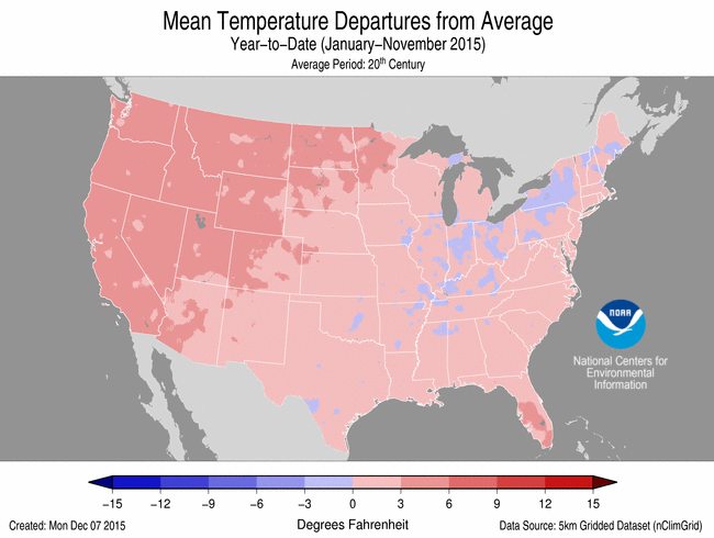 January-November 2015 Temperature Departure from Average Map