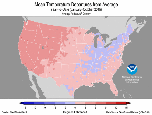 January-October 2015 Temperature Departure from Average Map