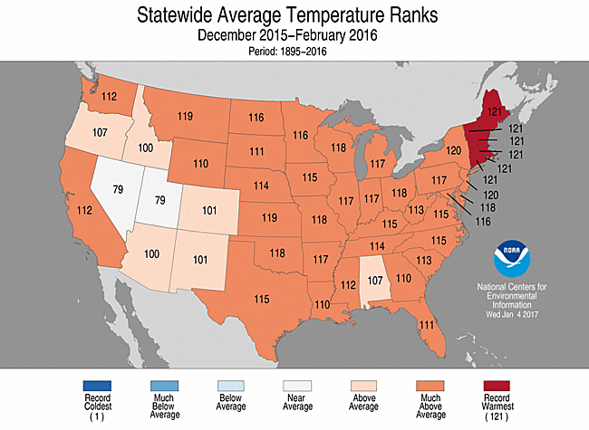 Winter 2015/2016 Statewide Temperature Rank Map