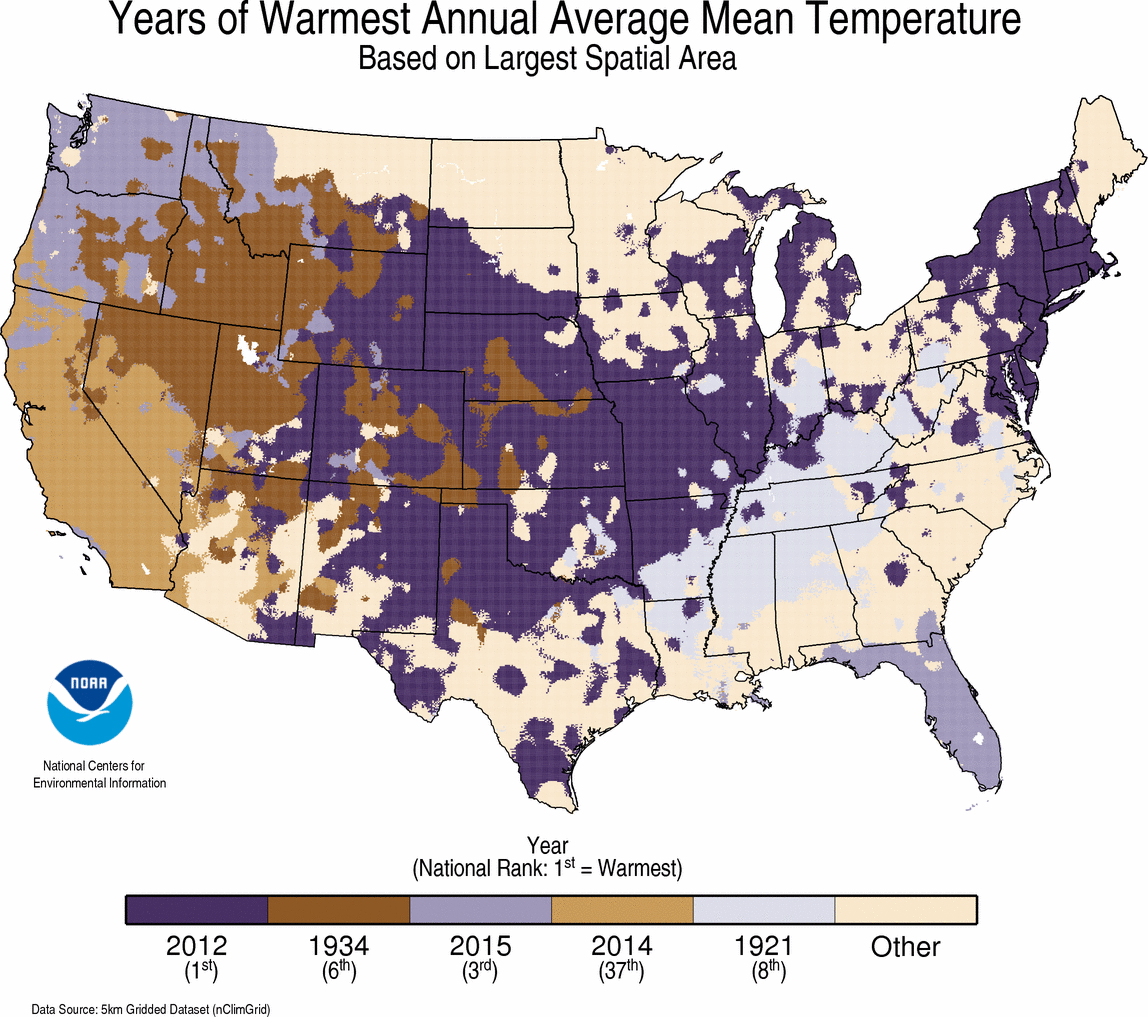 map depicting local warmest TAVG Year on record