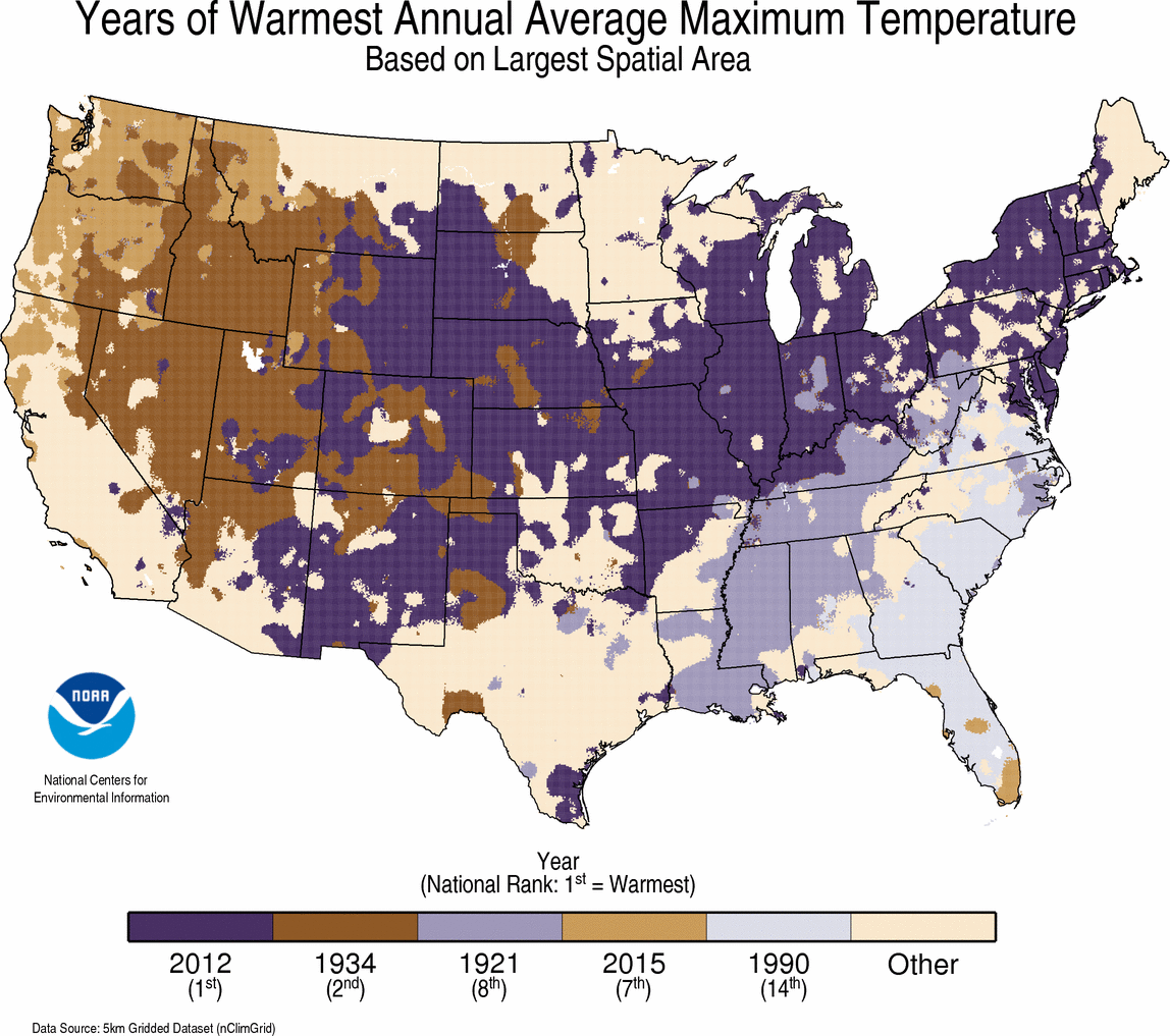 map depicting local warmest TMAX Year on record