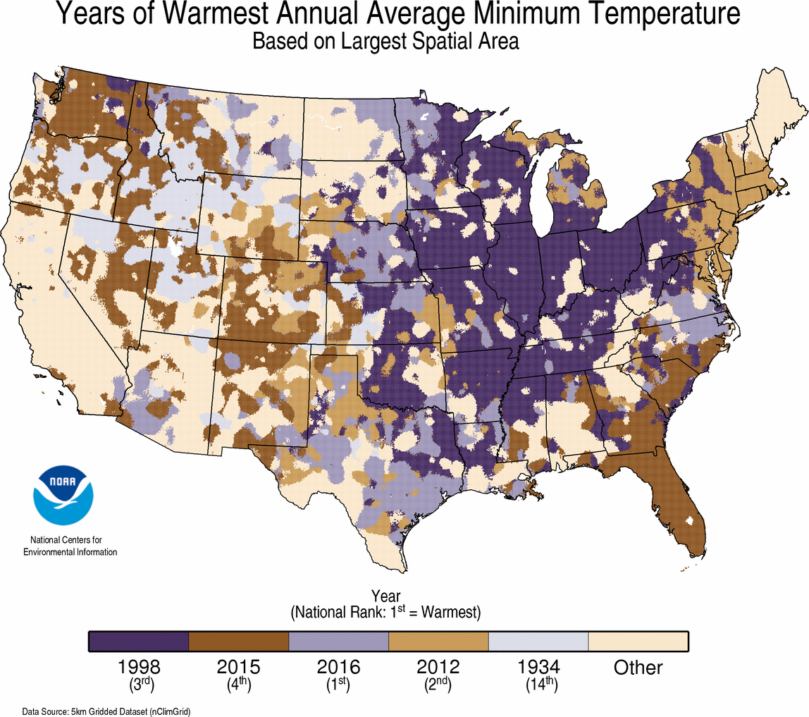 map depicting local warmest TMIN Year on record