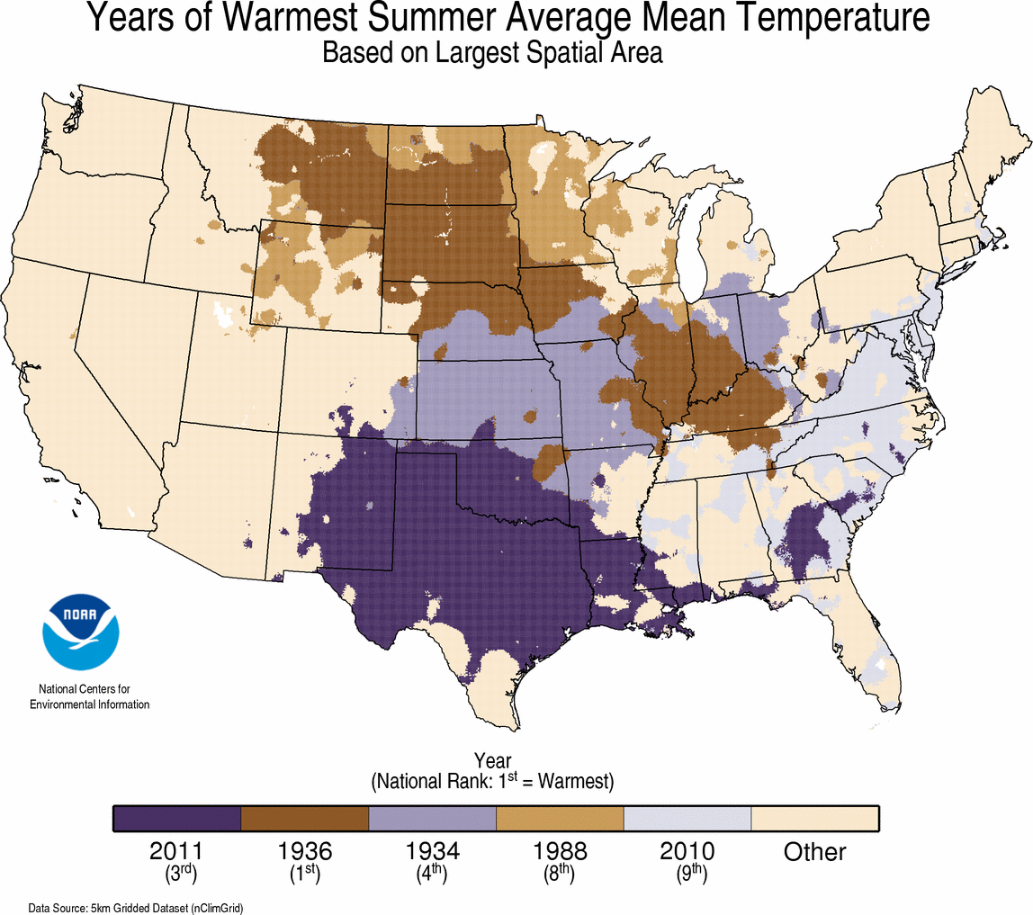 map depicting local warmest TAVG summer on record