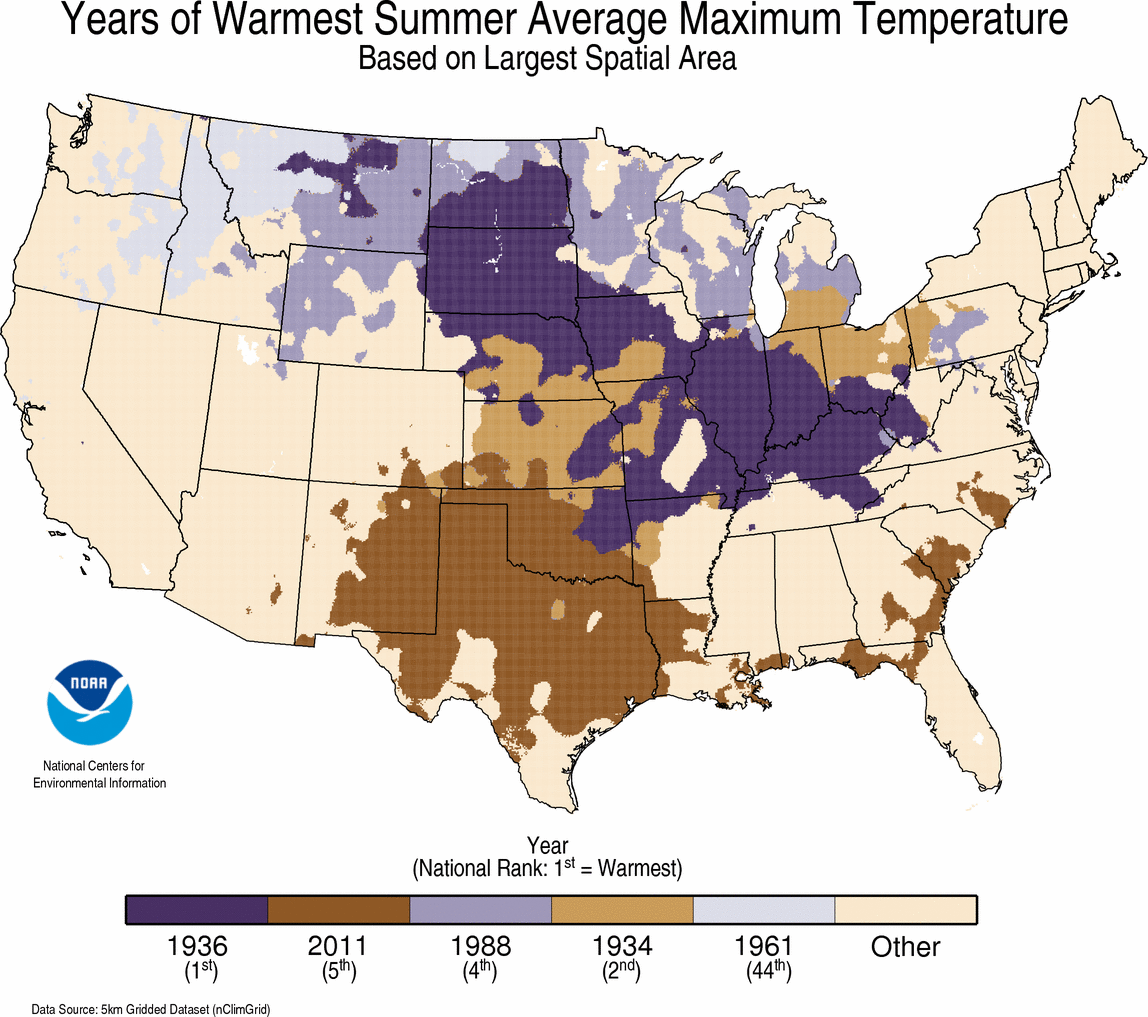 map depicting local warmest TMAX summer on record
