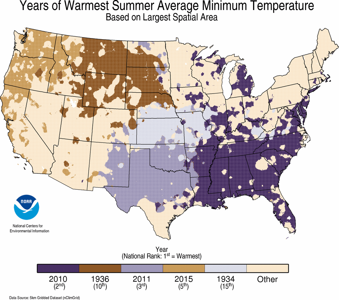 map depicting local warmest TMIN summer on record