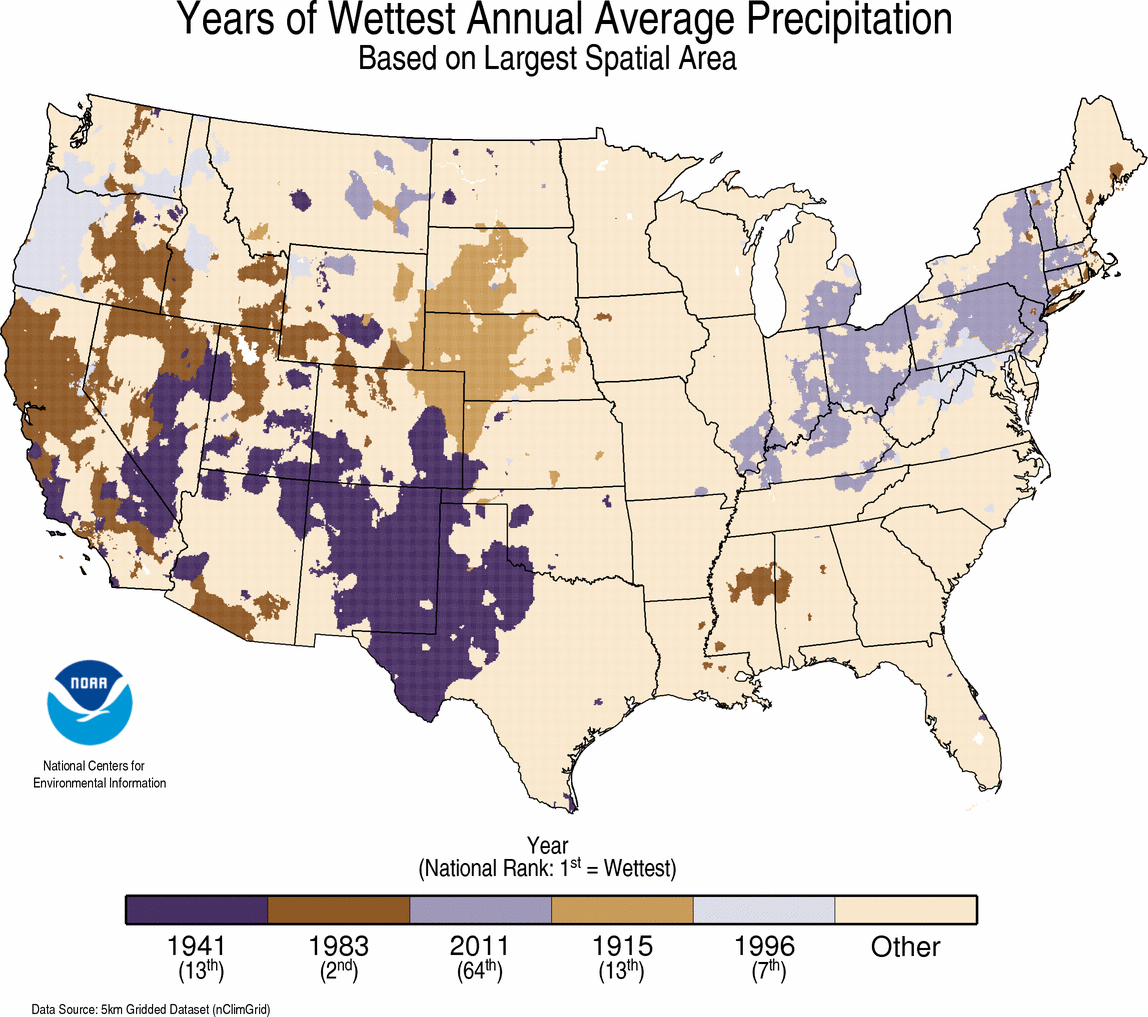 map depicting local largest total precipitation Year on record