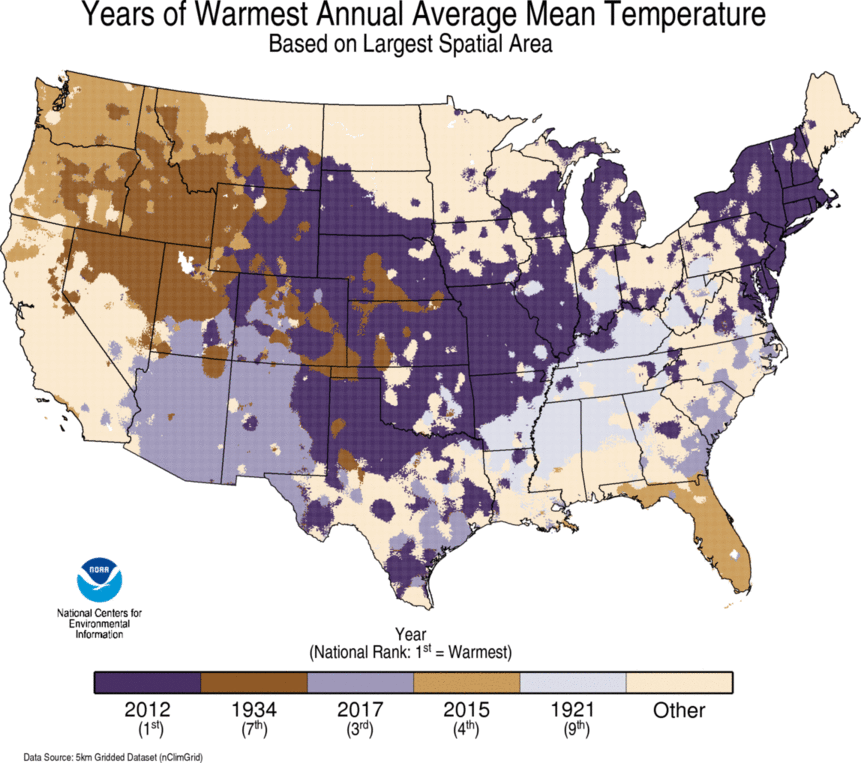 map depicting local warmest TAVG Year on record