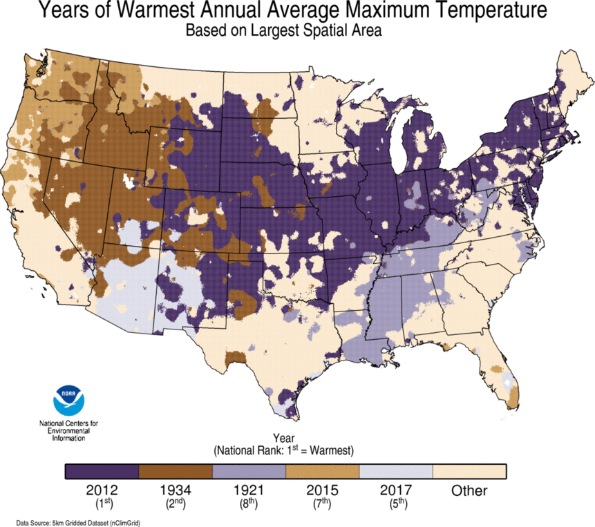 map depicting local warmest TMAX Year on record