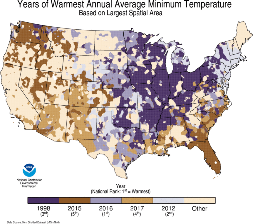 map depicting local warmest TMIN Year on record
