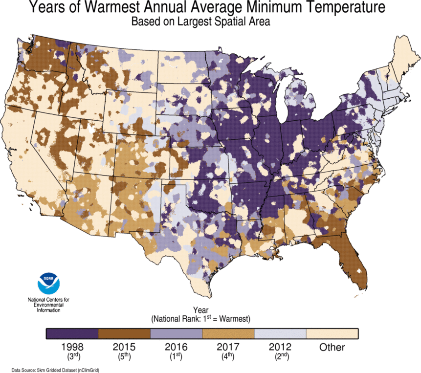 map depicting local warmest TMIN Year on record