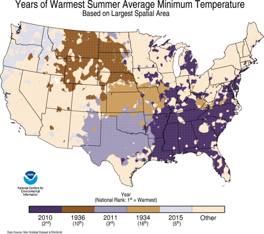 map depicting local warmest TMIN summer on record