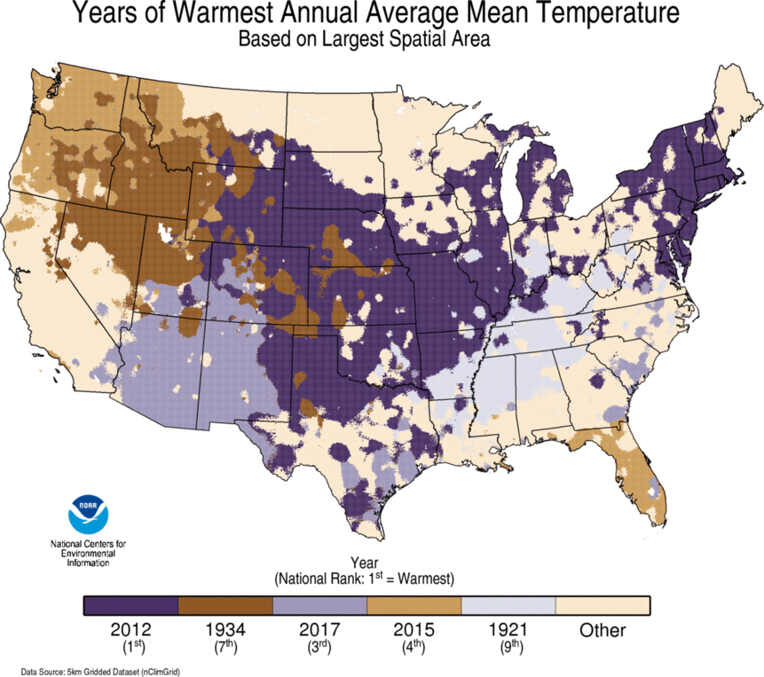 map depicting local warmest TAVG Year on record