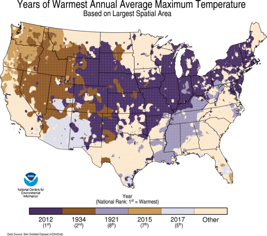 map depicting local warmest TMAX Year on record